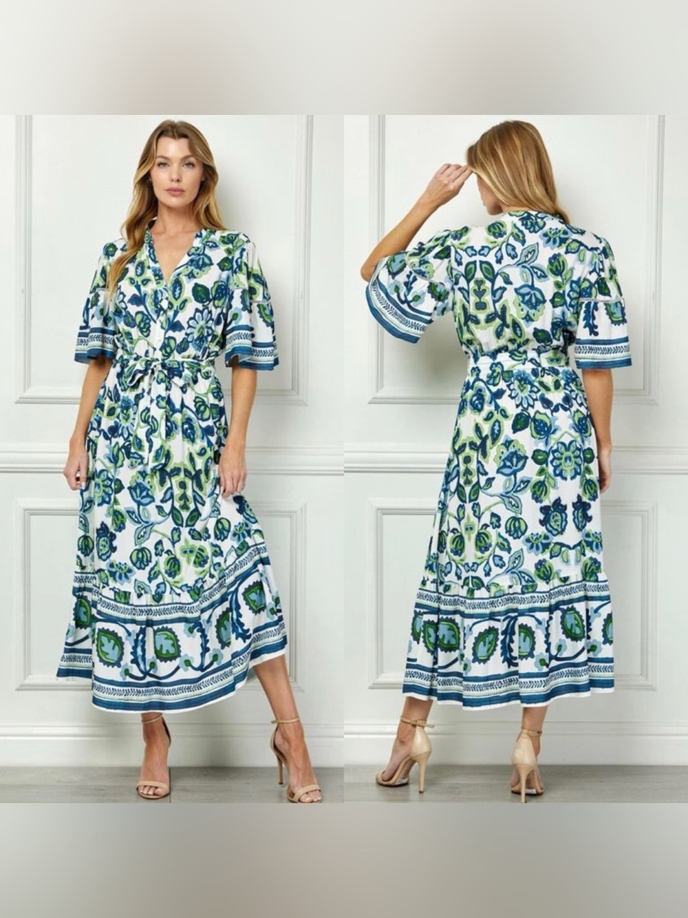 Fig + Flower Blue Green Floral Maxi Dress L